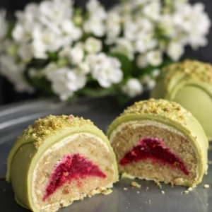 Pistachio Biscuit Ball Slice with Raspberry Filling