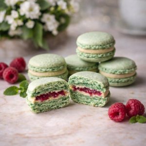 Pistachio- Raspberry Macarons